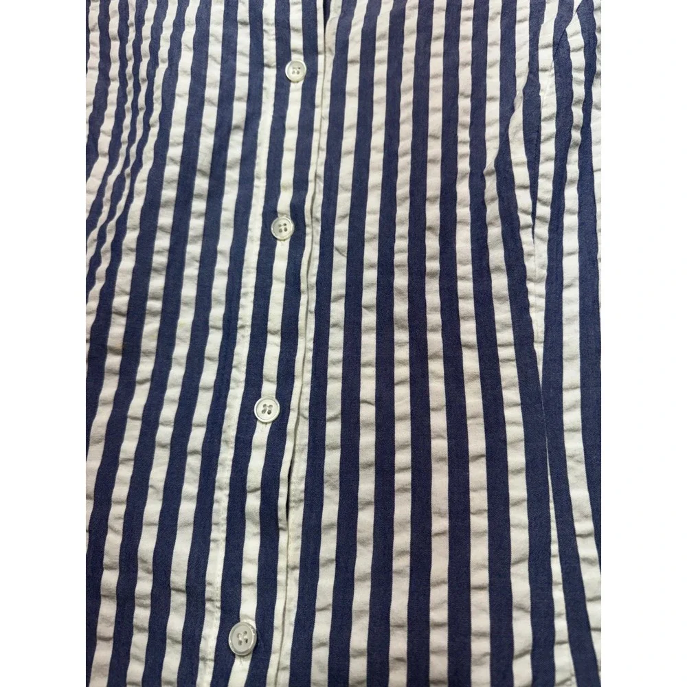 Lafayette 148 New York Blue White Seersucker Striped Button Down Shirt Size 10 - Picture 3 of 11